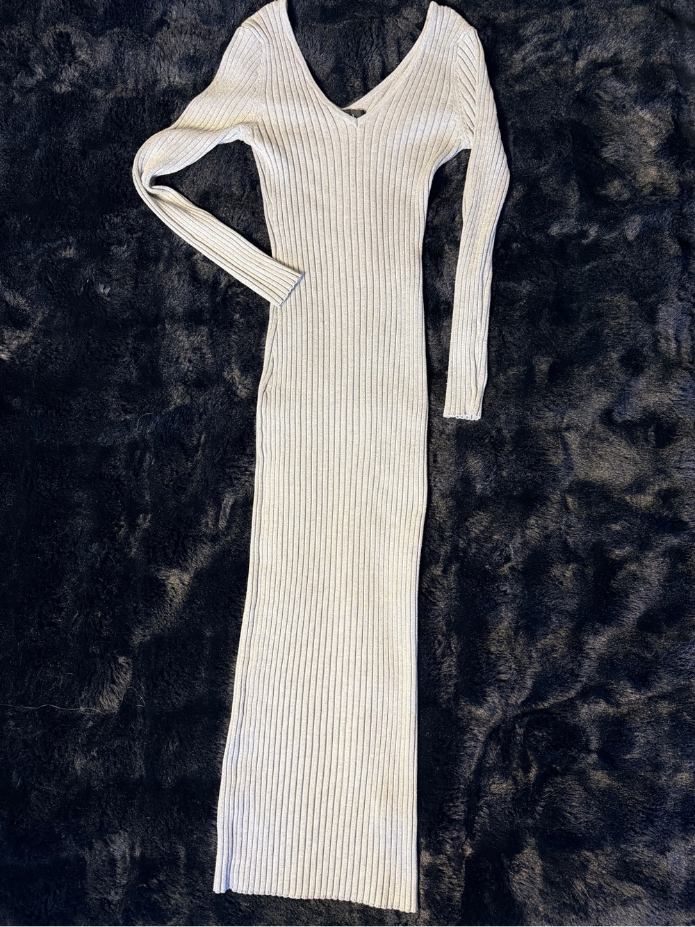 Ribbed V-Neck Long Sleeve Maxi Dress - light grey
